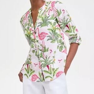 Charter Club Palm Beach Linen Button Down Long Sleeve with Floral Flamingo Print